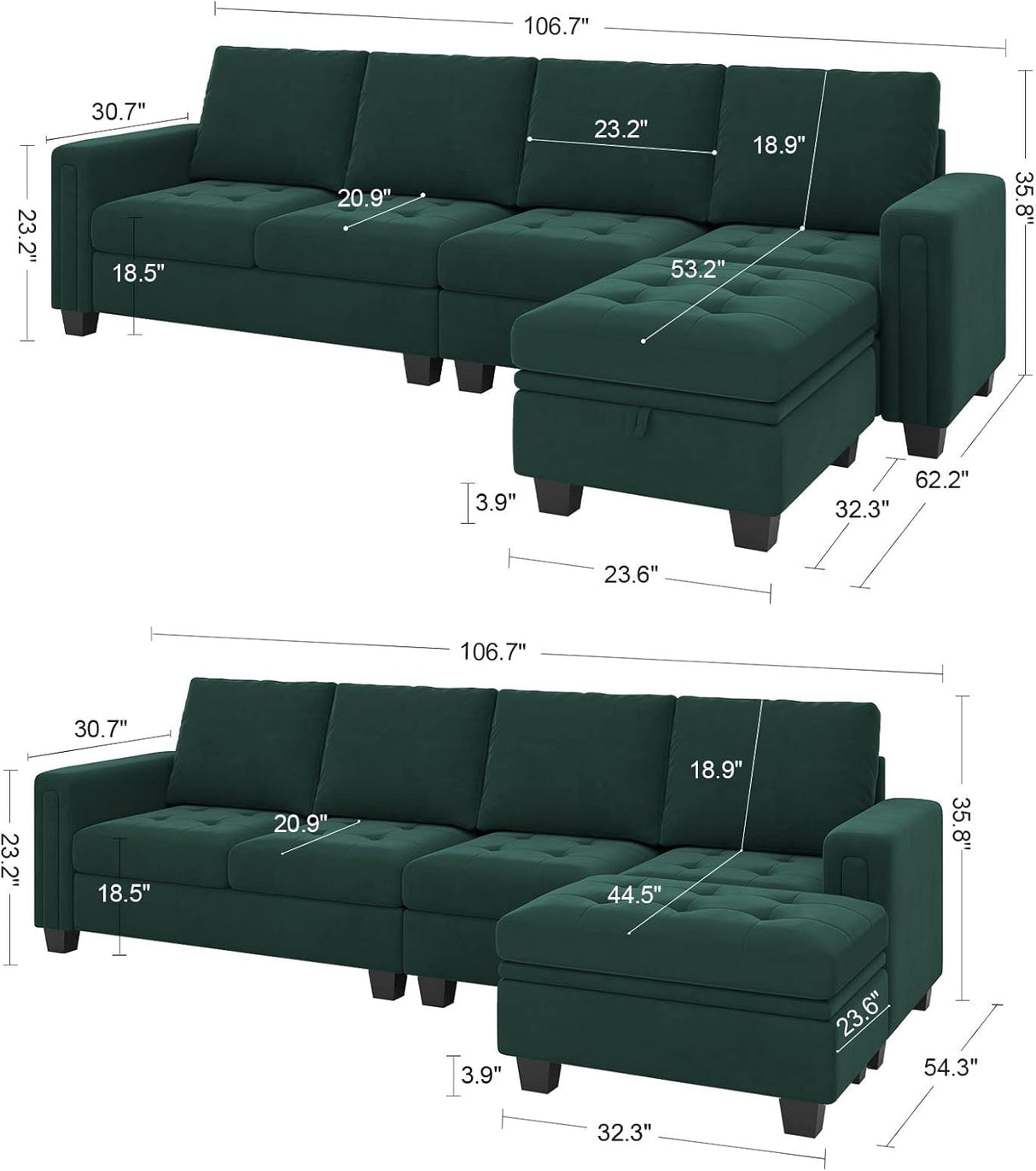 The Belffin Reversible Sectional Convertible Storage sofa comes in two configurations of a dark green sectional design. The first configuration includes a chaise on the right side, while the second features a chaise on the left. Both configurations display specific measurements for length, width, and height for each section.