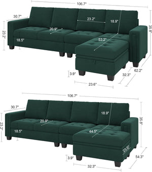 The Belffin Reversible Sectional Convertible Storage sofa comes in two configurations of a dark green sectional design. The first configuration includes a chaise on the right side, while the second features a chaise on the left. Both configurations display specific measurements for length, width, and height for each section.