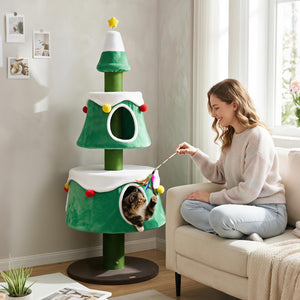 61.5" Cat Christmas Tree for Indoor Kittens with 2 Large Condos Star Spring Toy and Decorative Balls-Green