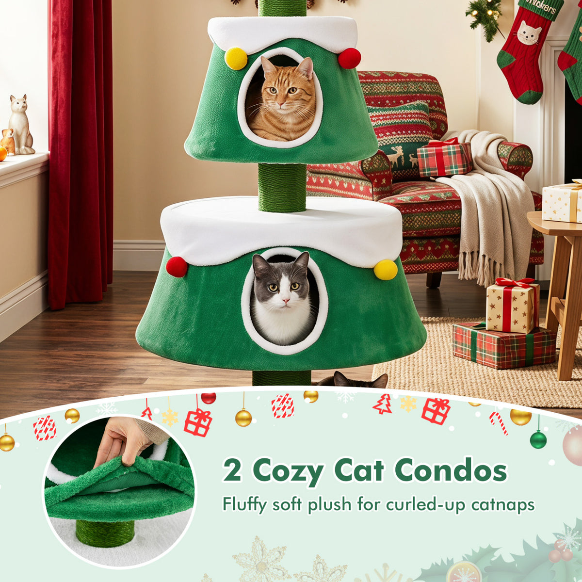 61.5" Cat Christmas Tree for Indoor Kittens with 2 Large Condos Star Spring Toy and Decorative Balls-Green