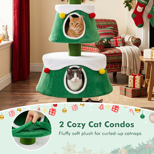 61.5" Cat Christmas Tree for Indoor Kittens with 2 Large Condos Star Spring Toy and Decorative Balls-Green
