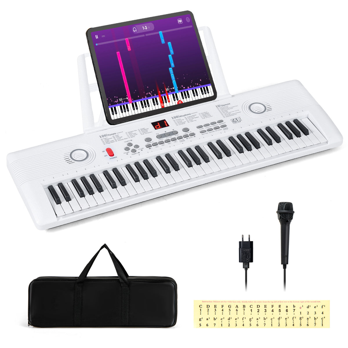 61 Key Electric Portable Digital Keyboard Piano for Beginner-White