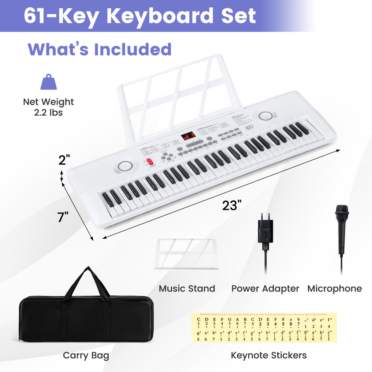 61 Key Electric Portable Digital Keyboard Piano for Beginner-White