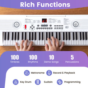 61 Key Electric Portable Digital Keyboard Piano for Beginner-White