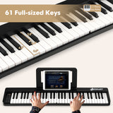 61-Key Folding Piano Keyboard with Full Size Keys and Music Stand-Black