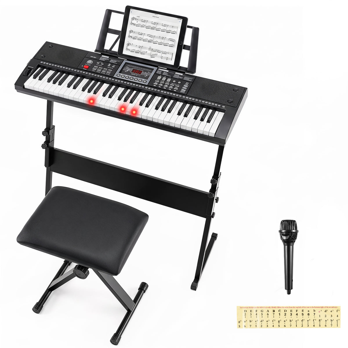 61 Key Keyboard Piano for Beginners with Stand Stool Lighted Keys-Black