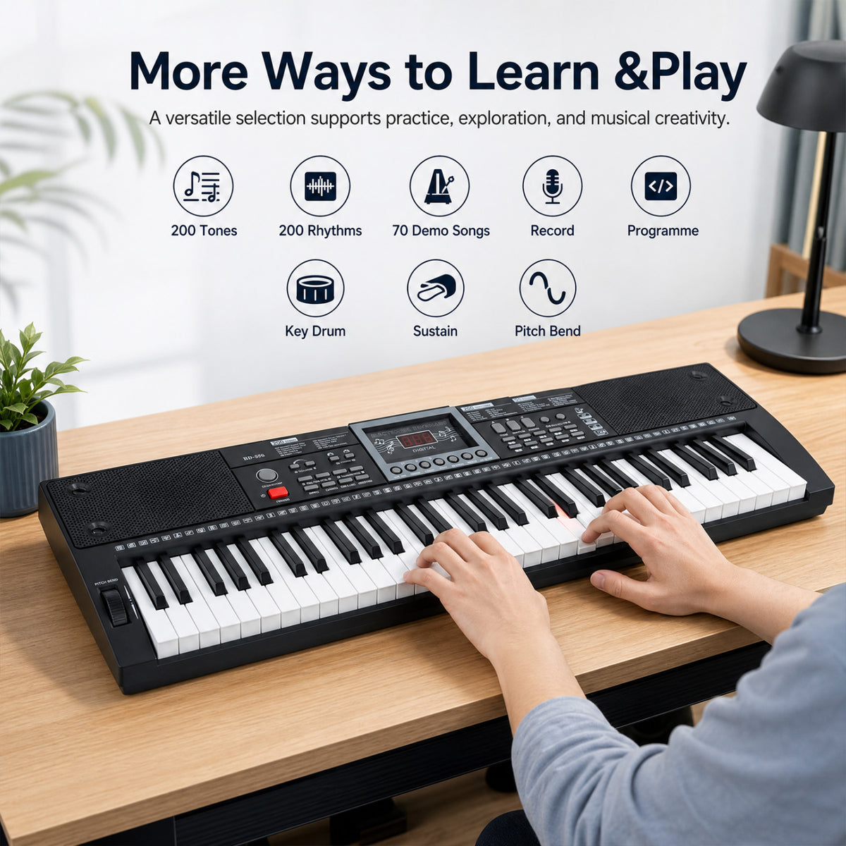 61 Key Keyboard Piano for Beginners with Stand Stool Lighted Keys-Black