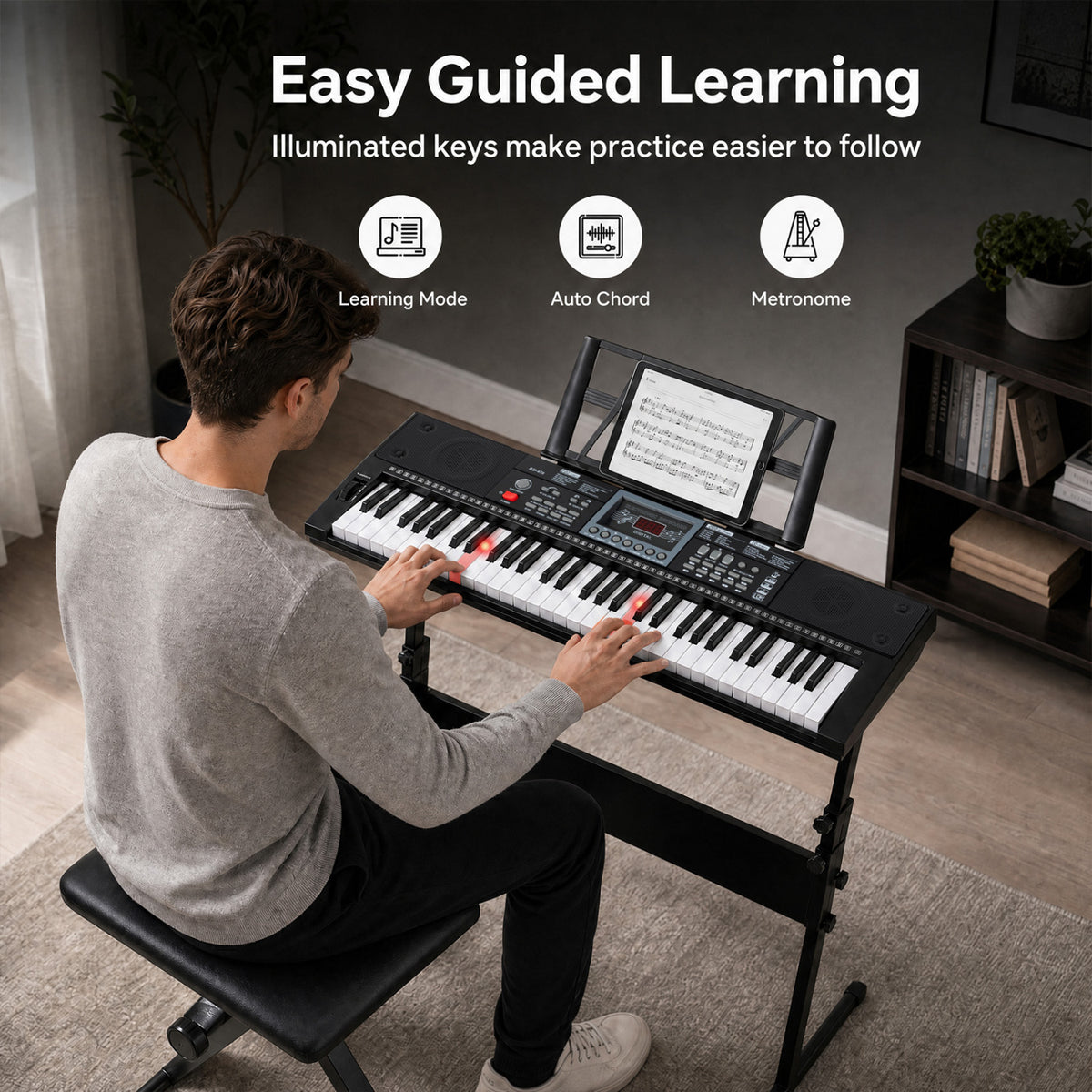 61 Key Keyboard Piano for Beginners with Stand Stool Lighted Keys-Black