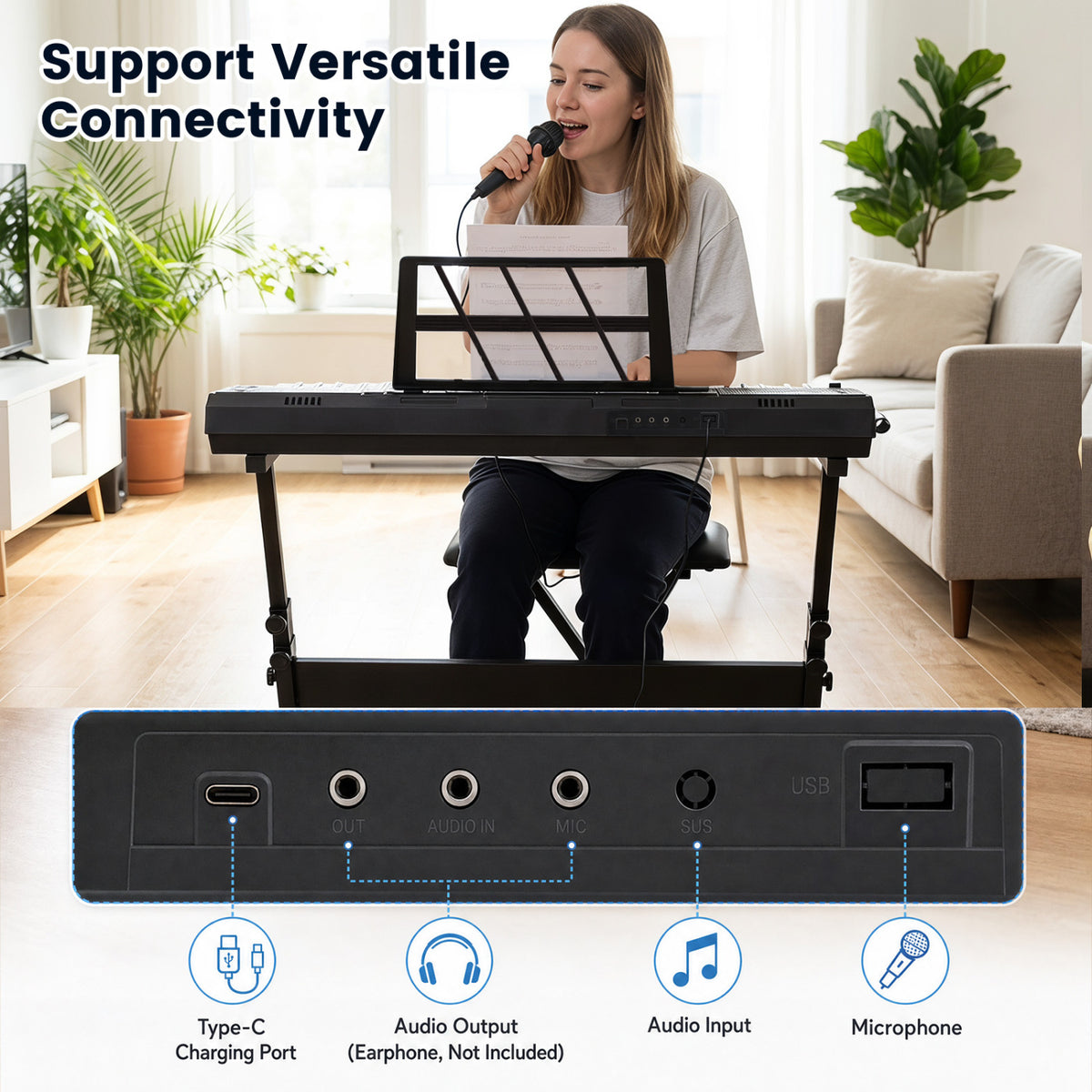 61 Key Keyboard Piano for Beginners with Stand Stool Lighted Keys-Black