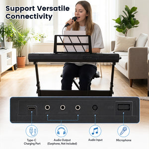61 Key Keyboard Piano for Beginners with Stand Stool Lighted Keys-Black
