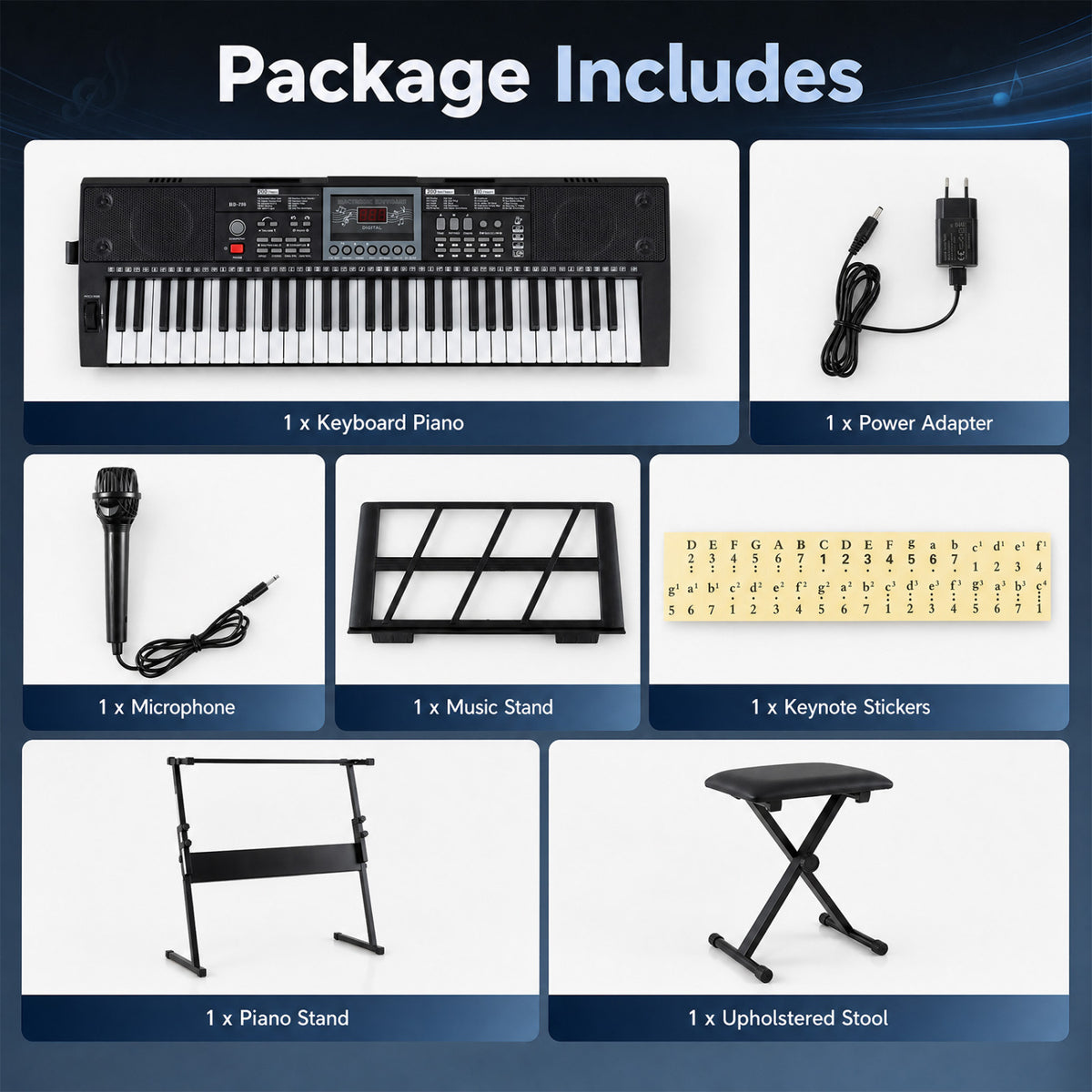 61 Key Keyboard Piano for Beginners with Stand Stool Lighted Keys-Black