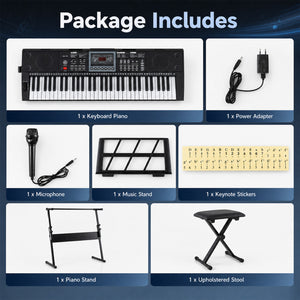 61 Key Keyboard Piano for Beginners with Stand Stool Lighted Keys-Black
