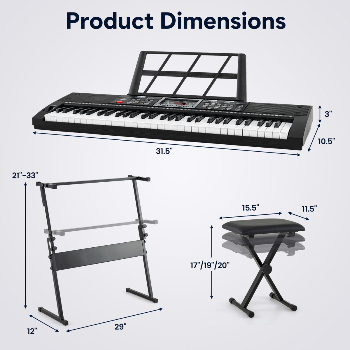 61 Key Keyboard Piano for Beginners with Stand Stool Lighted Keys-Black