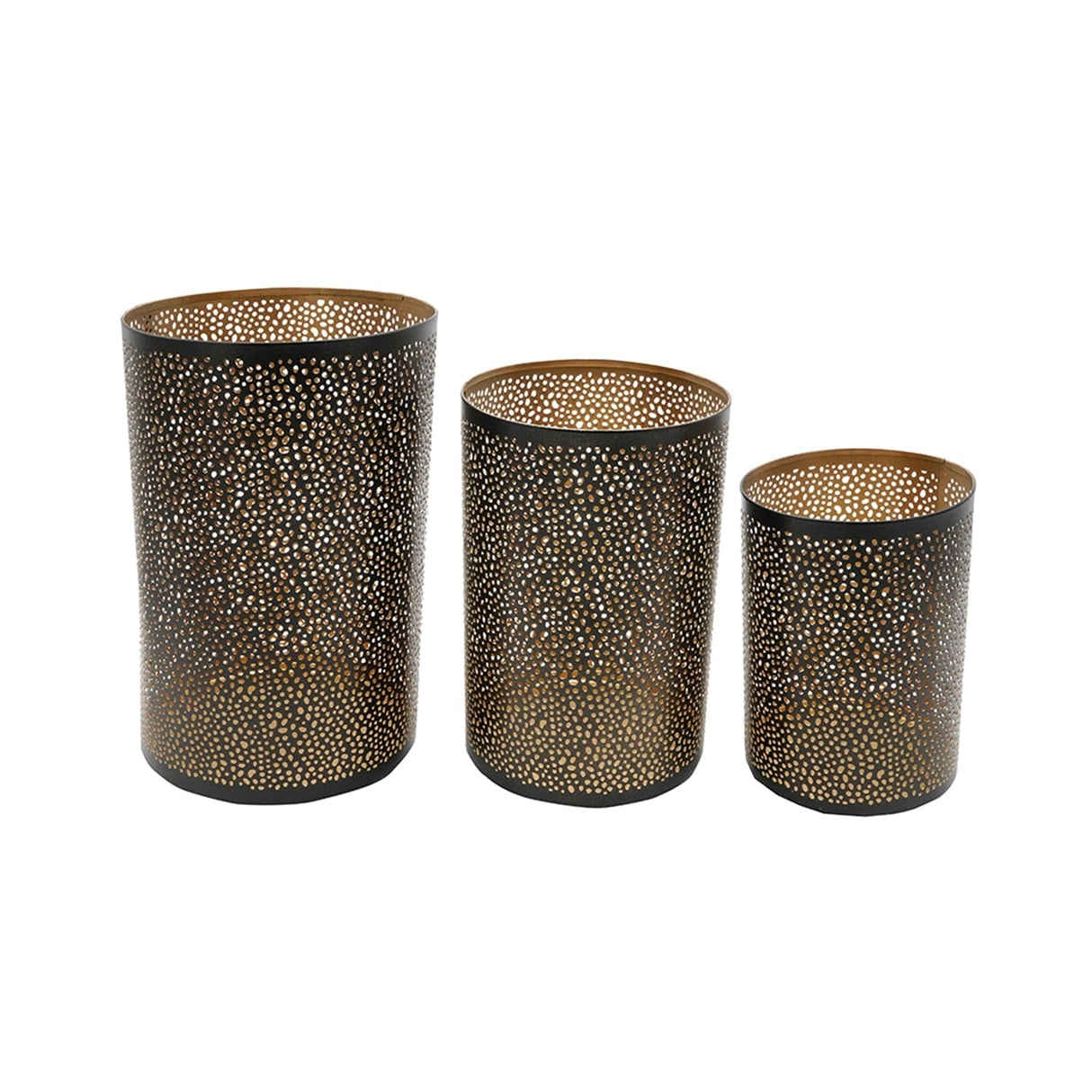 Set of 3 Pierced Metal Hurricanes in Black & Gold