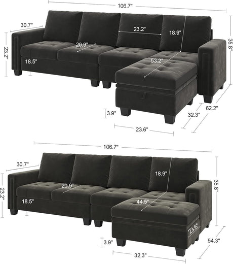 The Belffin Reversible Sectional Convertible Storage offers two configurations in a dark green finish, including a chaise and ottoman. It comes with detailed dimensions for seating and chaise depth, cushion height, and overall length. The sofa showcases a tufted design and includes a storage ottoman.