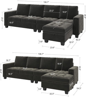 The Belffin Reversible Sectional Convertible Storage offers two configurations in a dark green finish, including a chaise and ottoman. It comes with detailed dimensions for seating and chaise depth, cushion height, and overall length. The sofa showcases a tufted design and includes a storage ottoman.