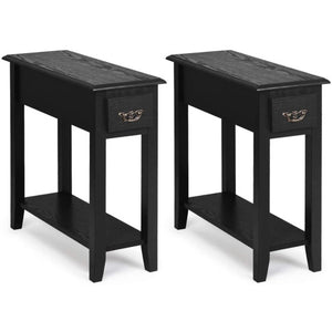 2 Pieces 2 Tier Sofa Side End Table with Drawer and Open Shelf-Black