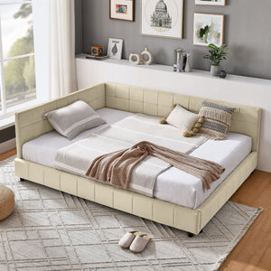 Mid-Century Storage Upholstered Tufted Bed Frame with Backrest and Armrests