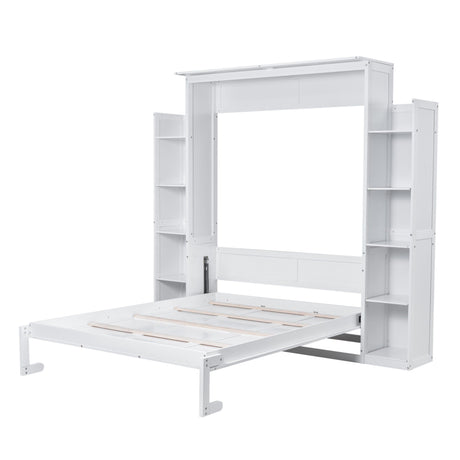 The Wall Murphy Bed With Shelves And LED Lights features a white finish with vertical shelves on both sides and an open back frame. The extended bed frame displays its wooden slats.