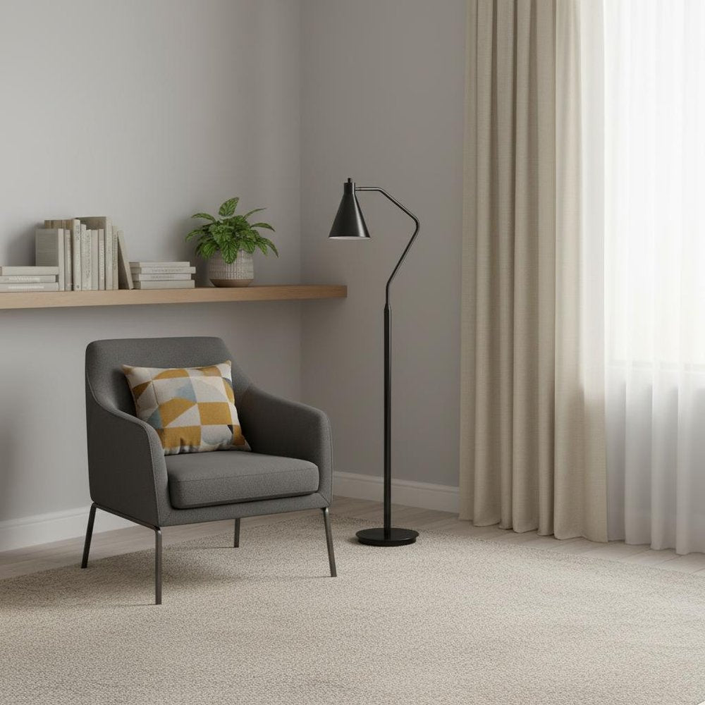 63" Gray Metal Reading Floor Lamp With Gray Metal Cone Shade