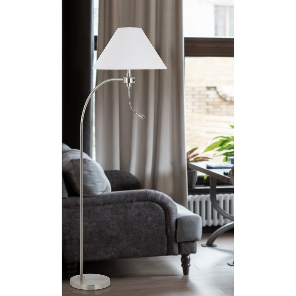 68" Nickel Metal Reading Floor Lamp With White Fabric Empire Shade