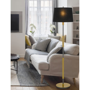 60" Antiqued Brass Metal Floor Lamp With Black Fabric Drum Shade