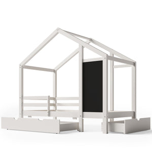 Twin House Bed With Blackboard And Drawers, 2 Assembly Options - White by Couch.com