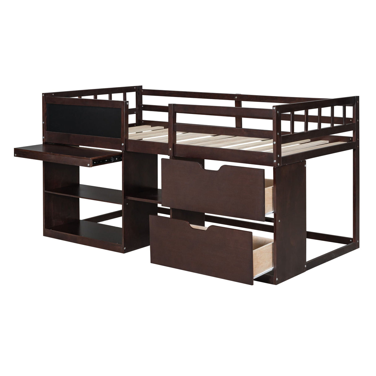 Low Loft Bed With Rolling Desk, Shelf And Drawers by Couch.com