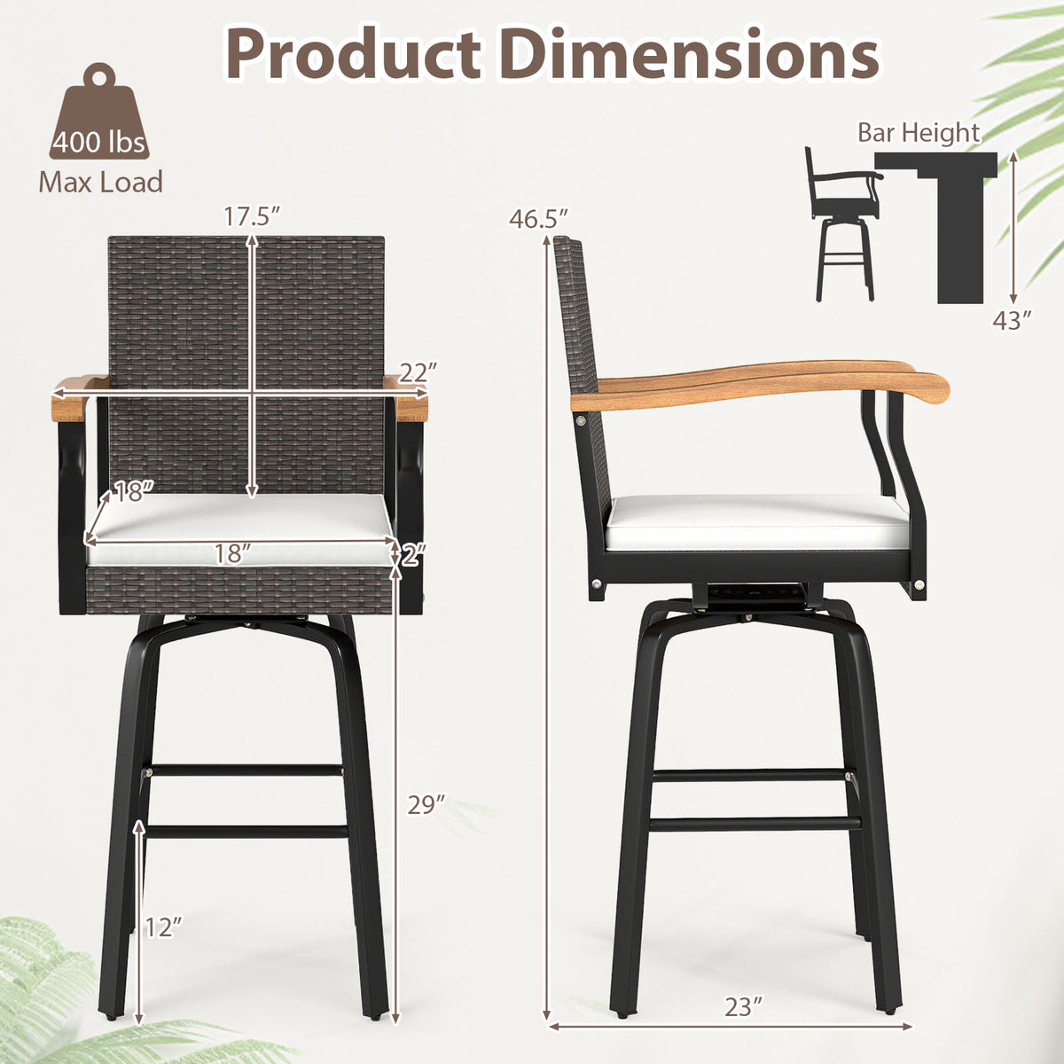 One Outdoor 360Â° Swivel Bar Stool with Cushion and Acacia Wood Armrests