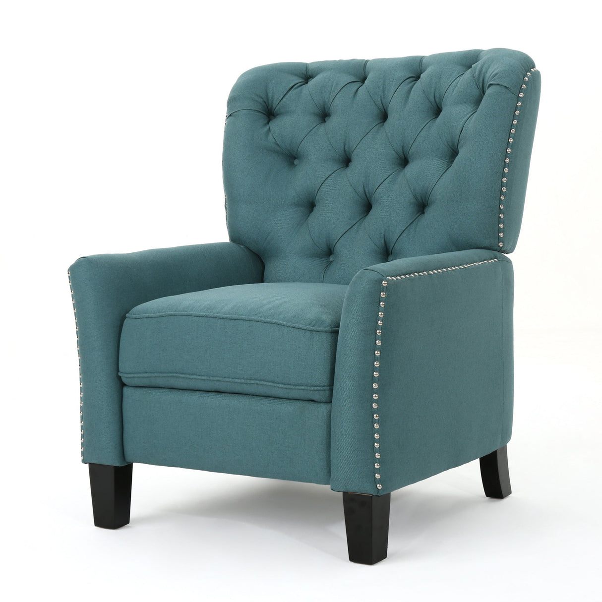 A Modern Push Back Recliner in teal has a tufted backrest, silver stud accents, plush seat cushions, and dark wooden legs.