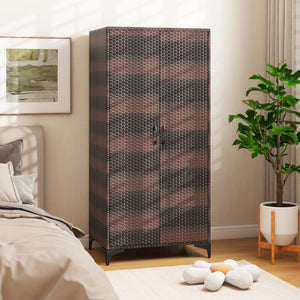 62 Inch Wicker Wardrobe with 2 Doors PE Rattan Closet with Hanging Rod-Brown