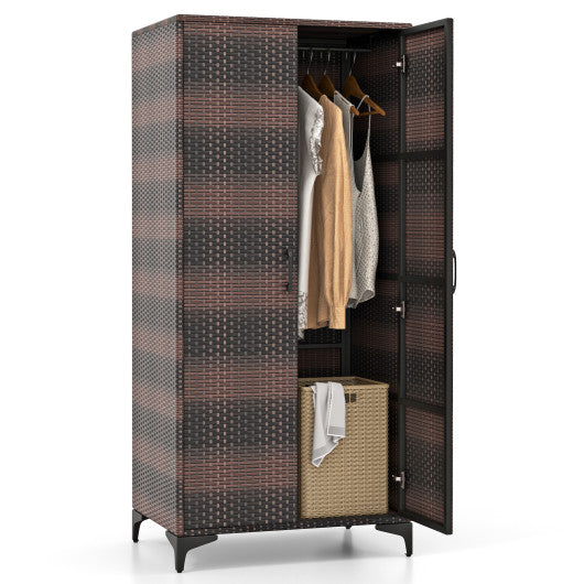 62 Inch Wicker Wardrobe with 2 Doors PE Rattan Closet with Hanging Rod-Brown