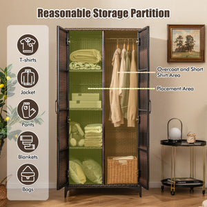 62 Inch Wicker Wardrobe with 2 Doors PE Rattan Closet with Hanging Rod-Brown
