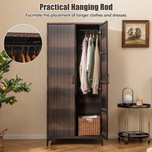 62 Inch Wicker Wardrobe with 2 Doors PE Rattan Closet with Hanging Rod-Brown