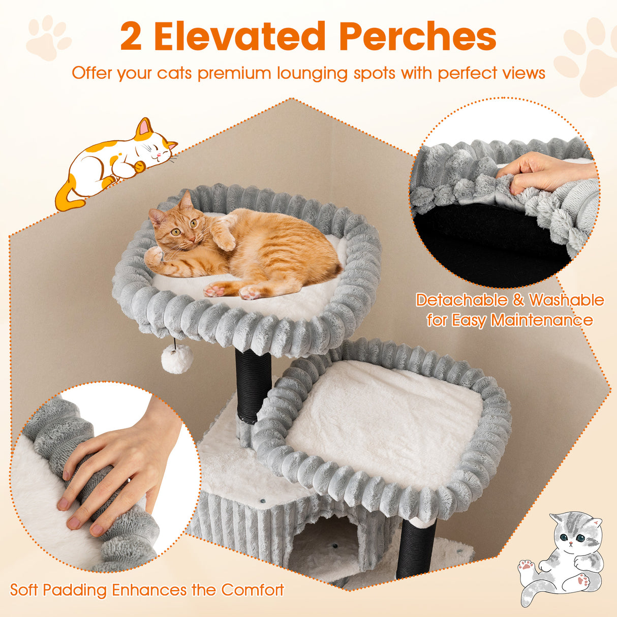 62 Inch Tall Cat Tower with Scratching Posts and Soft Flannel Covering-Light Gray