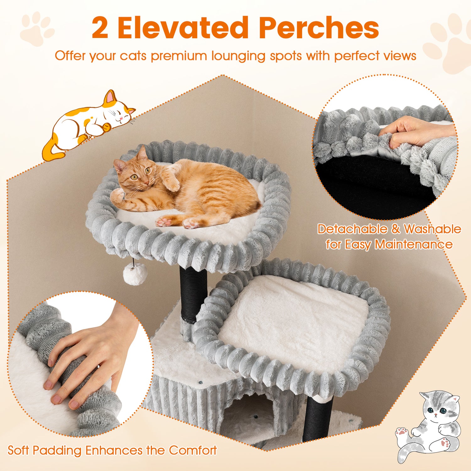62 Inch Tall Cat Tower with Scratching Posts and Soft Flannel Covering-Light Gray