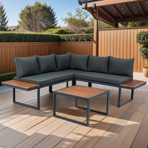 4 Piece L-Shaped Patio Wicker Outdoor 5 Seater Sectional Sofa Seating Group Conversation Sets With Side Table & Cushions - Dark Gray by Couch.com