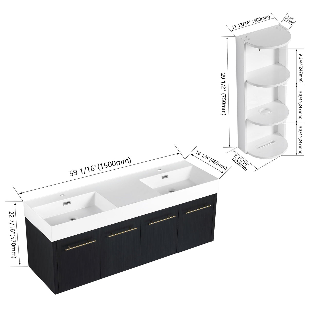 Modern Wall Mounted Bathroom Vanity With Resin Sink and Storage Rack