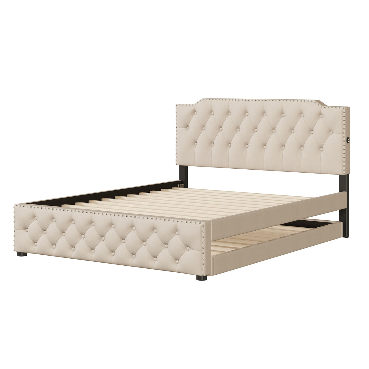 Upholstered Platform Bed With Trundle And 2 Sets Of USB Ports On Each Side, Linen Fabric by Couch.com