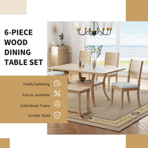 The Topmax dining set, with storage shelf and curved legs, includes a table, bench, and four cushioned chairs situated in a bright room by large windows. It's suitable for family gatherings, easy to assemble, boasts a solid-wood frame, durable build, all under a chandelier with a beach view backdrop.