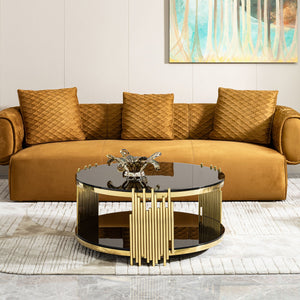 Double Layer Tempered Glass Top Stainless Steel Round Coffee Table For Living Room - Gold / Black by Couch.com