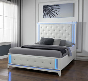 White Faux Crystal Bling Wood And Tufted Cotton Lighted Queen Bed Frame