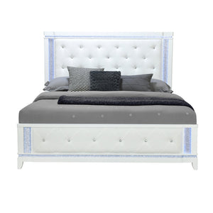White Faux Crystal Bling Wood And Tufted Cotton Lighted Queen Bed Frame