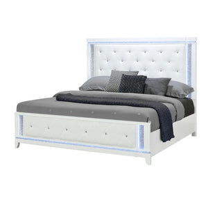 White Faux Crystal Bling Wood And Tufted Cotton Lighted Queen Bed Frame