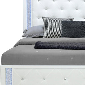 White Faux Crystal Bling Wood And Tufted Cotton Lighted Queen Bed Frame