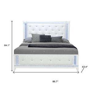 White Faux Crystal Bling Wood And Tufted Cotton Lighted Queen Bed Frame