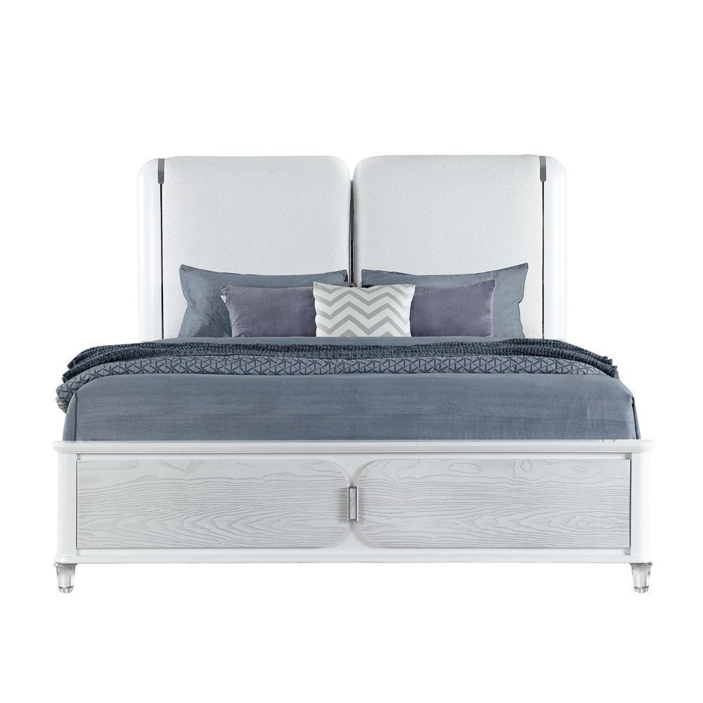 Gray and White Wood And Upholstery Lighted Queen Bed Frame