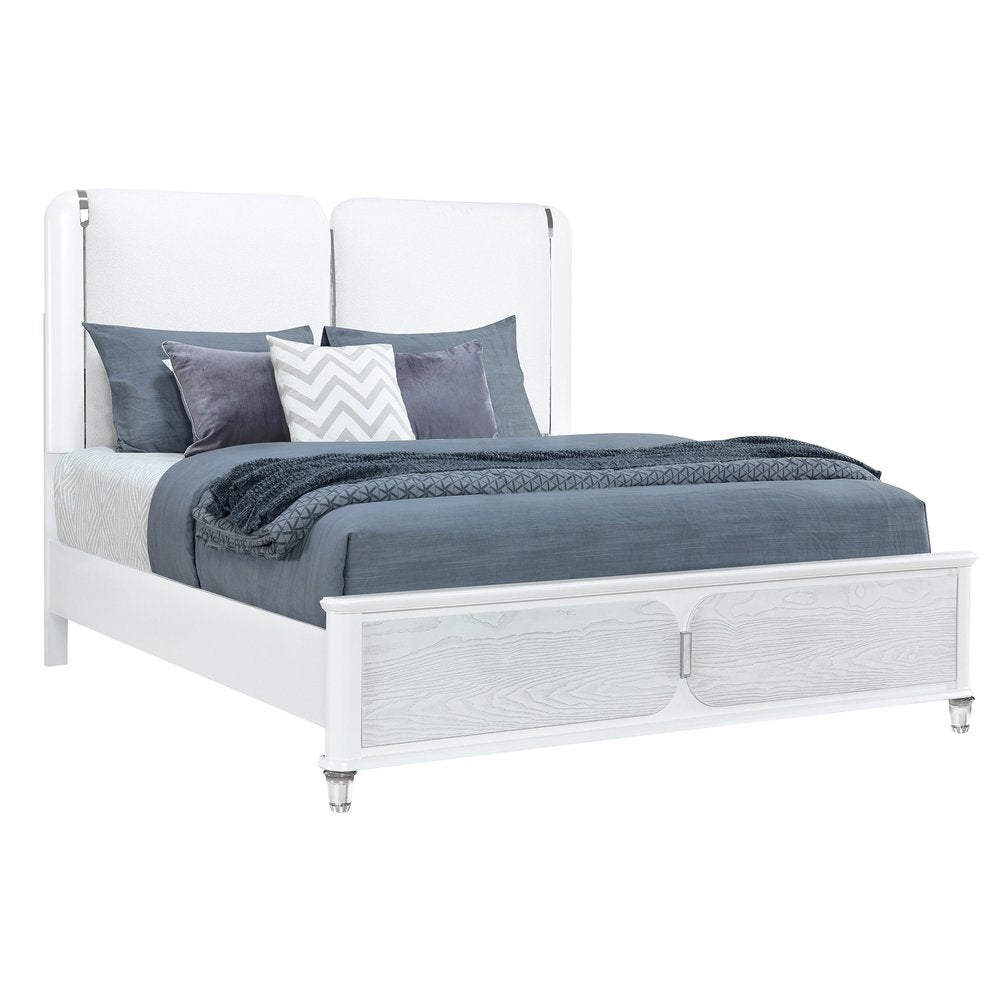 Gray and White Wood And Upholstery Lighted Queen Bed Frame