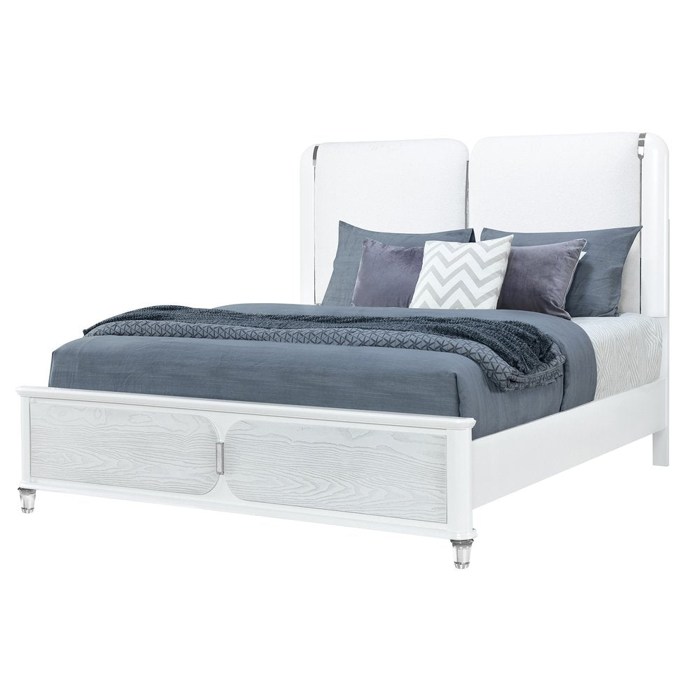 Gray and White Wood And Upholstery Lighted Queen Bed Frame