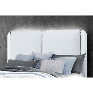 Gray and White Wood And Upholstery Lighted Queen Bed Frame